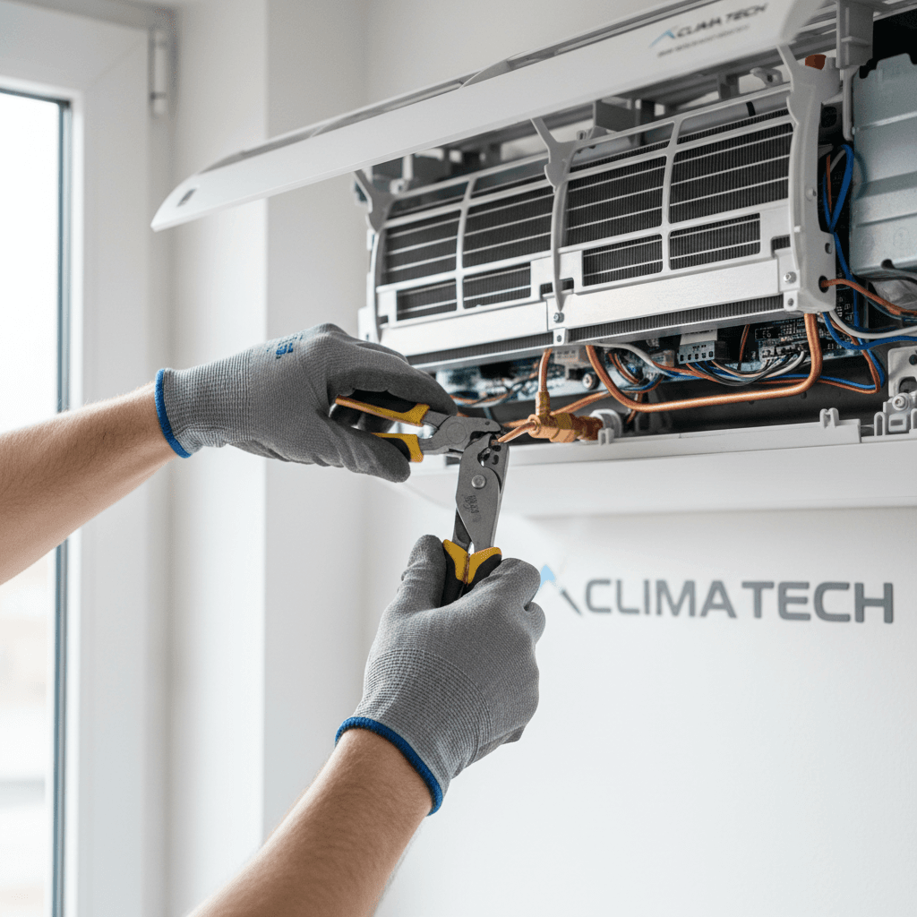 Technician installing air conditioning refrigeration lines