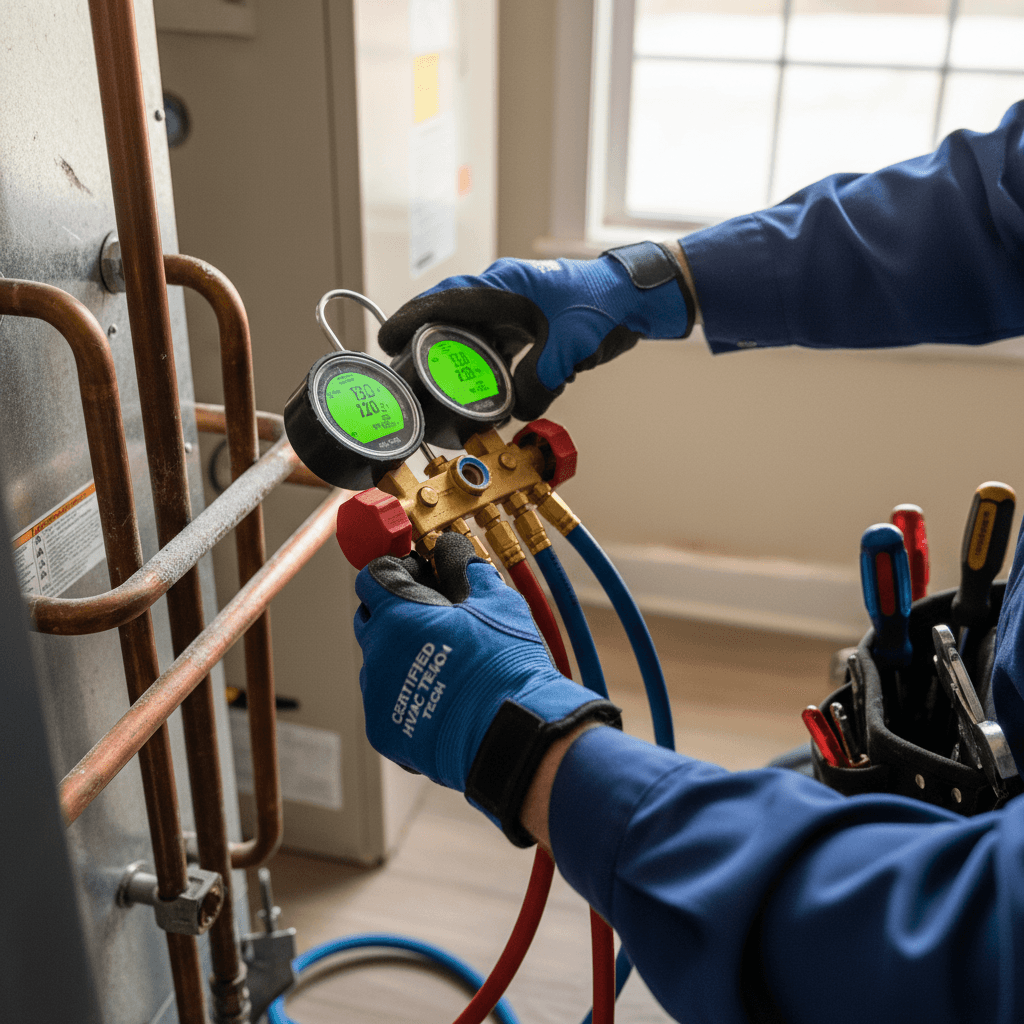 Technician measuring refrigerant levels on air conditioning system during maintenance