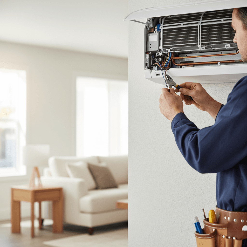 Migo air west technician inspecting indoor AC unit maintenance