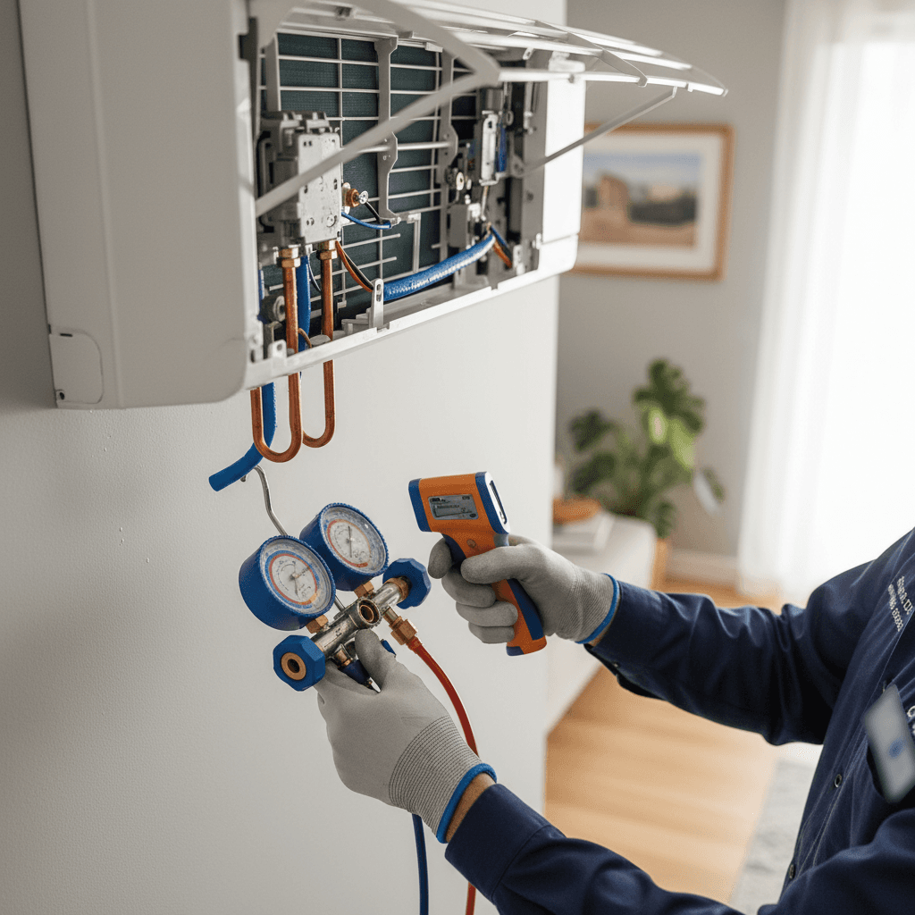 Migo air west technician performing air conditioning maintenance and inspection